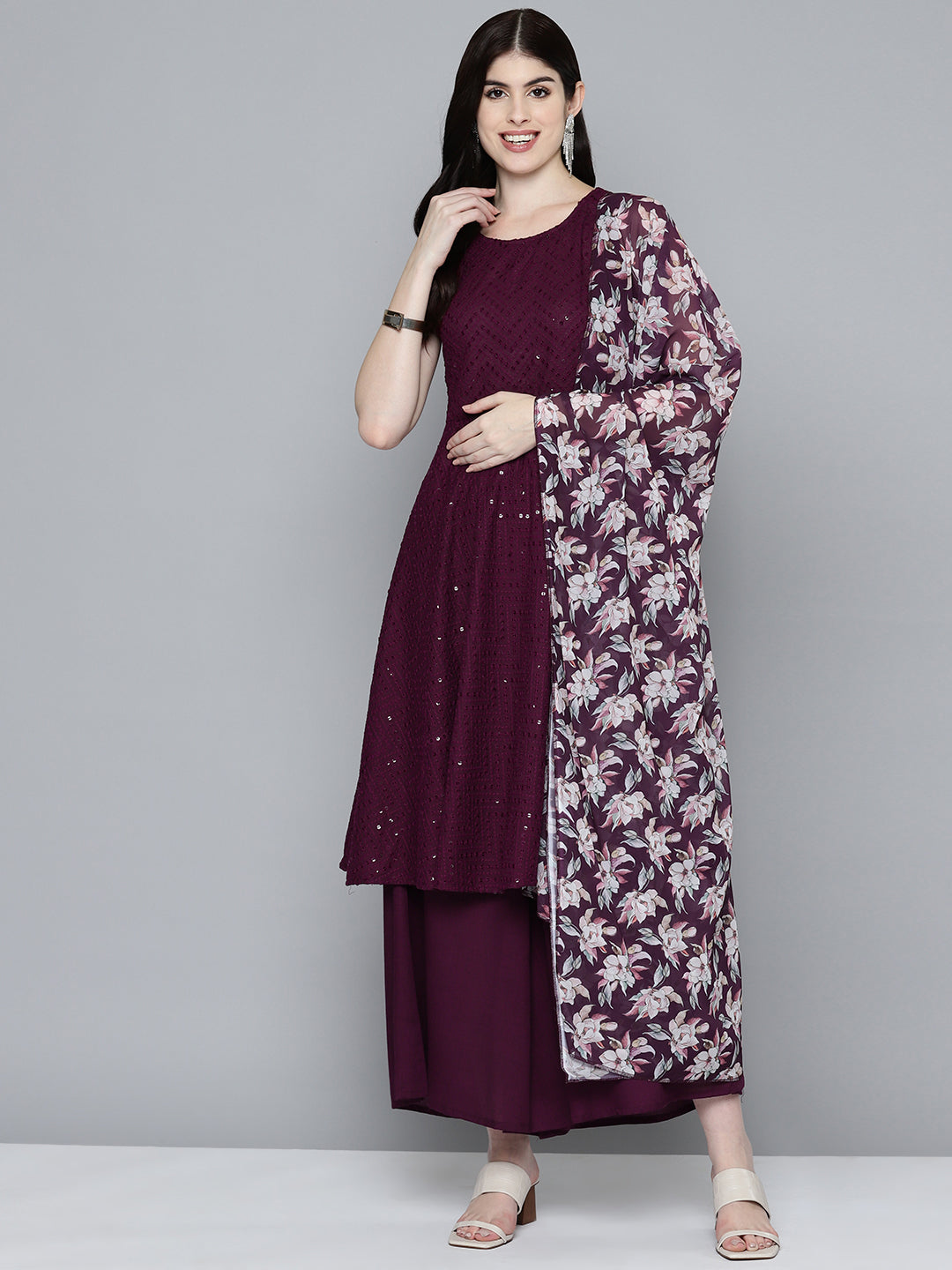 Jompers Women's Embroidered Sequinned Kurta & Palazzos With Dupatta - Purple
