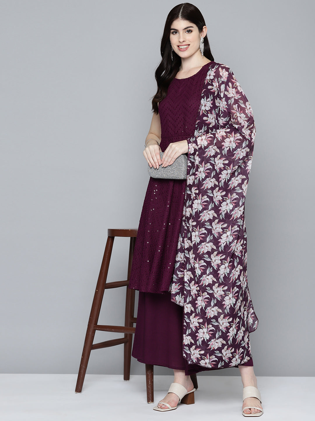 Jompers Women's Embroidered Sequinned Kurta & Palazzos With Dupatta - Purple