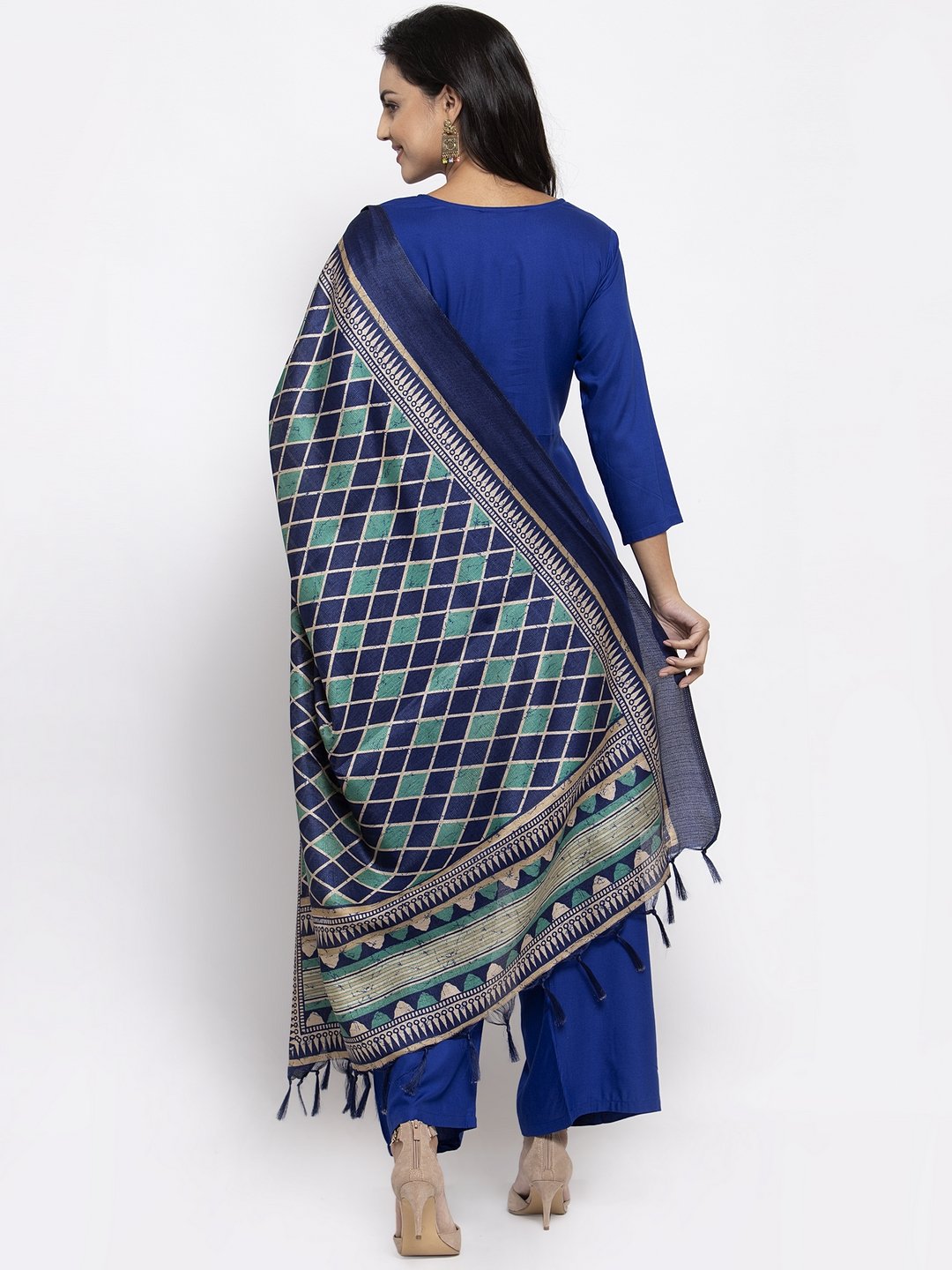 Jompers Women Royal-Blue Solid Kurta with Palazzos & Art-Silk Printed Dupatta - Distacart