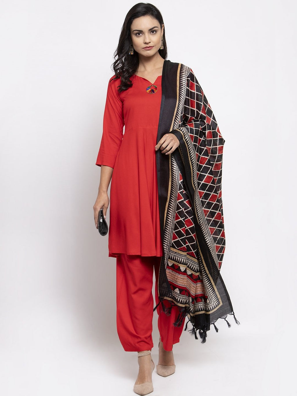 Jompers Women Red Solid Kurta with Palazzos & Printed Dupatta - Distacart
