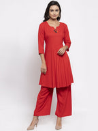 Jompers Women Red Solid Kurta with Palazzos & Printed Dupatta - Distacart