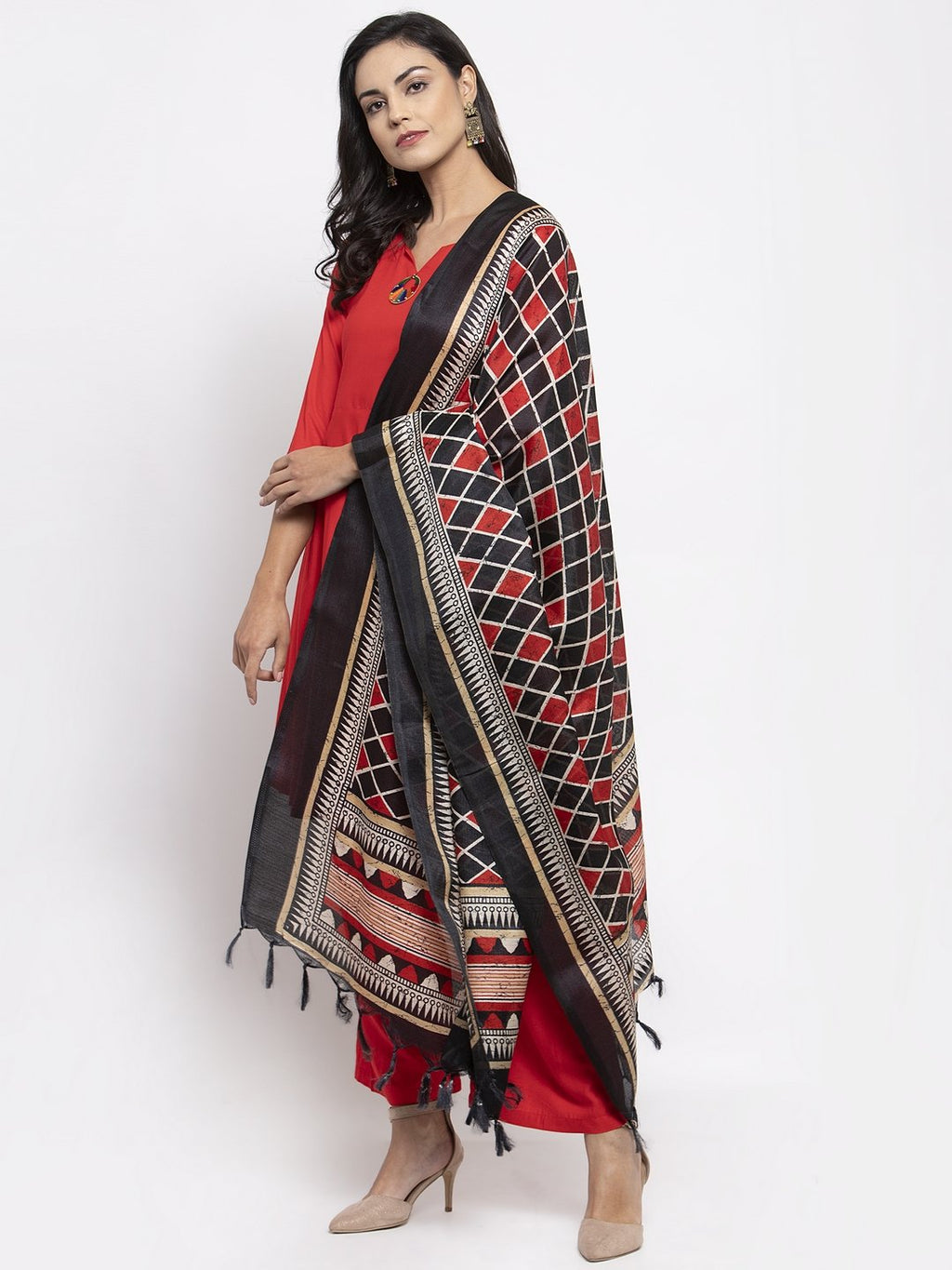 Jompers Women Red Solid Kurta with Palazzos & Printed Dupatta - Distacart
