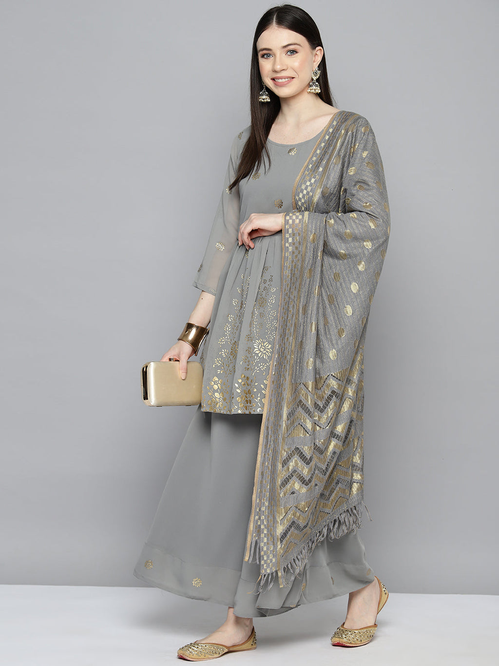 Jompers Women's georgette Foil Print Kurta palazzo Dupatta Set - Grey