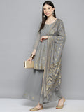 Jompers Women's georgette Foil Print Kurta palazzo Dupatta Set - Grey