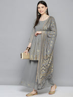 Jompers Women's georgette Foil Print Kurta palazzo Dupatta Set - Grey