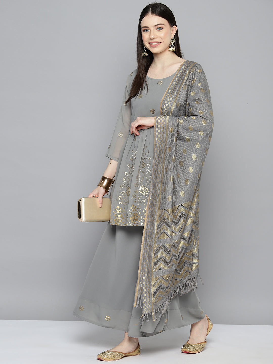 Jompers Women's georgette Foil Print Kurta palazzo Dupatta Set - Grey