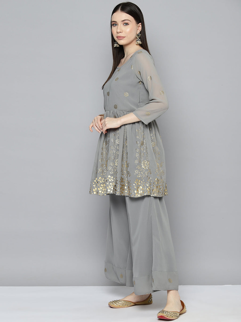 Jompers Women's georgette Foil Print Kurta palazzo Dupatta Set - Grey