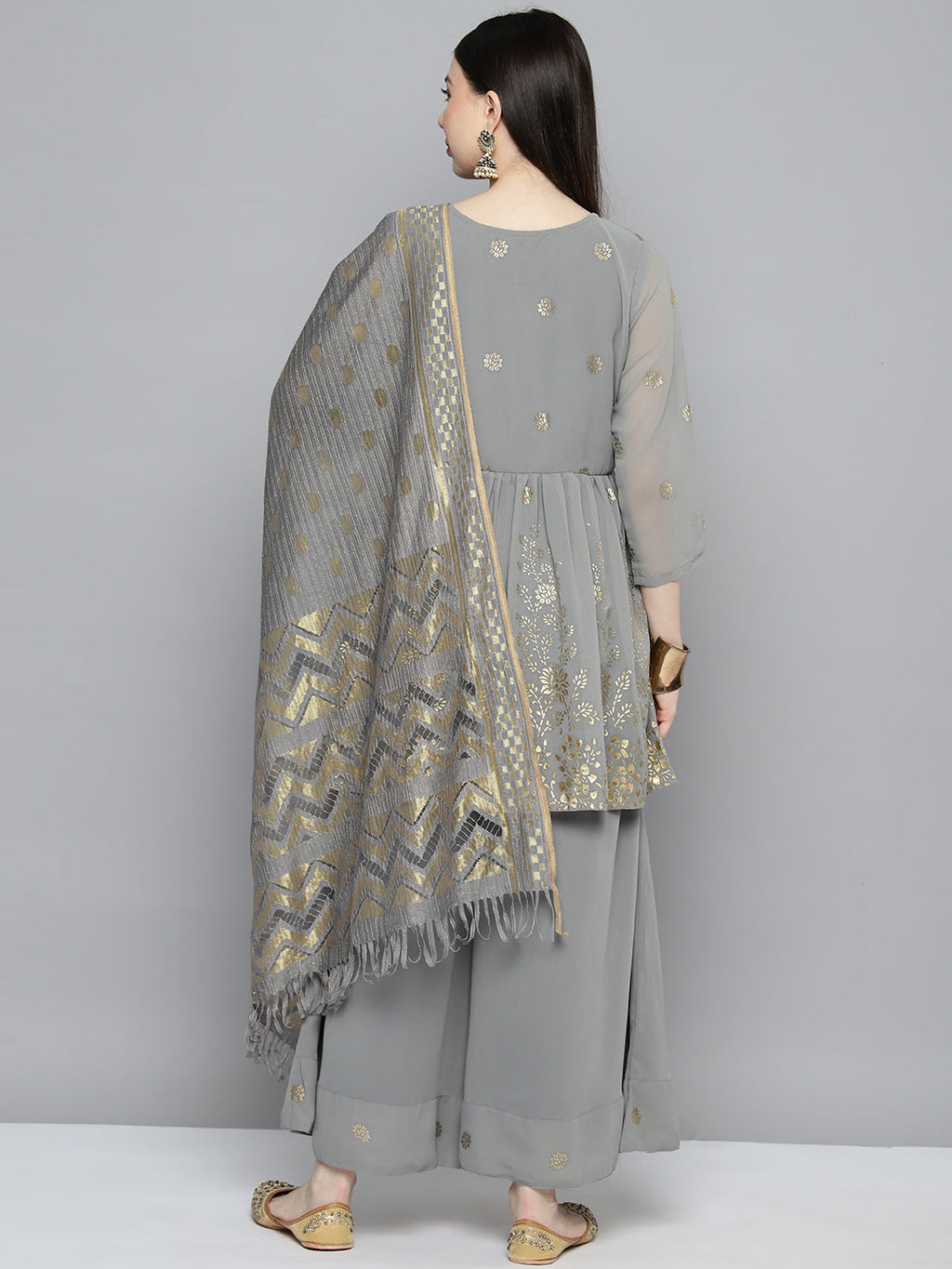 Jompers Women's georgette Foil Print Kurta palazzo Dupatta Set - Grey