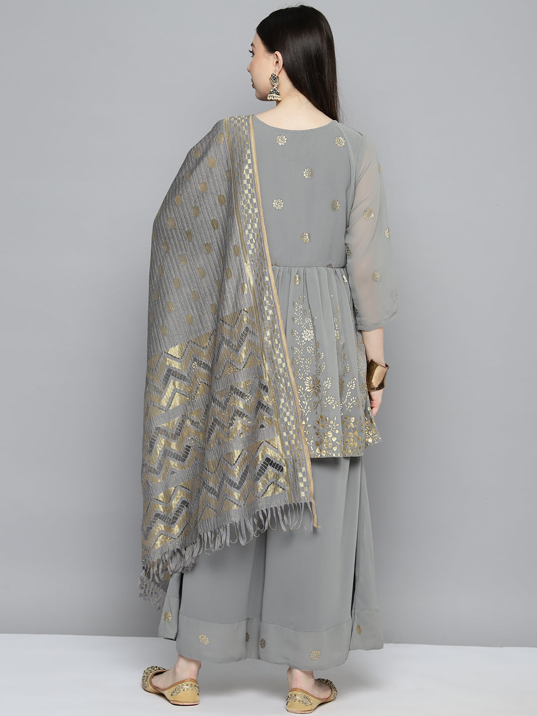 Jompers Women's georgette Foil Print Kurta palazzo Dupatta Set - Grey