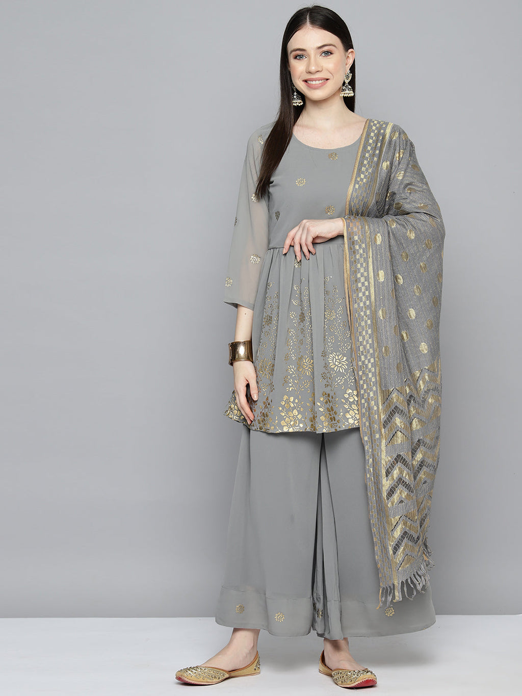 Jompers Women's georgette Foil Print Kurta palazzo Dupatta Set - Grey