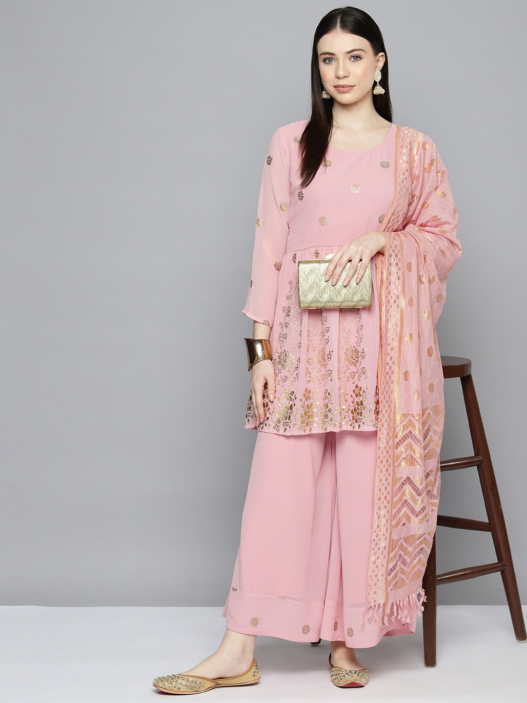 Jompers Women's georgette Foil Print Kurta palazzo Dupatta Set - Pink