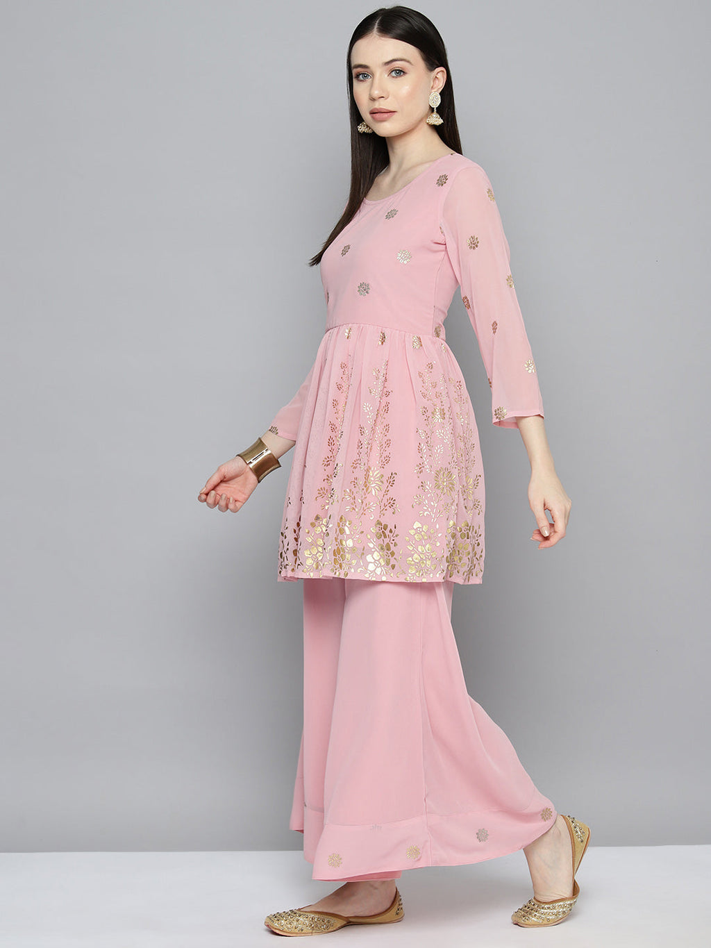 Jompers Women's georgette Foil Print Kurta palazzo Dupatta Set - Pink