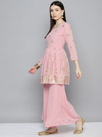 Jompers Women's georgette Foil Print Kurta palazzo Dupatta Set - Pink