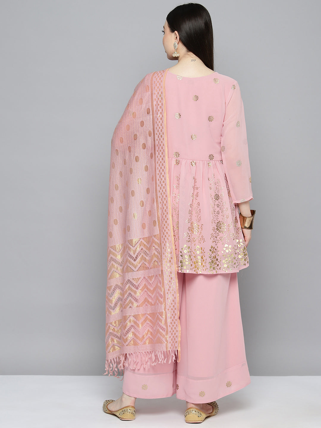 Jompers Women's georgette Foil Print Kurta palazzo Dupatta Set - Pink