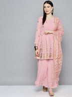 Jompers Women's georgette Foil Print Kurta palazzo Dupatta Set - Pink