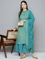Jompers Women's Woven design kurta, palazzo and dupatta set - Firozi