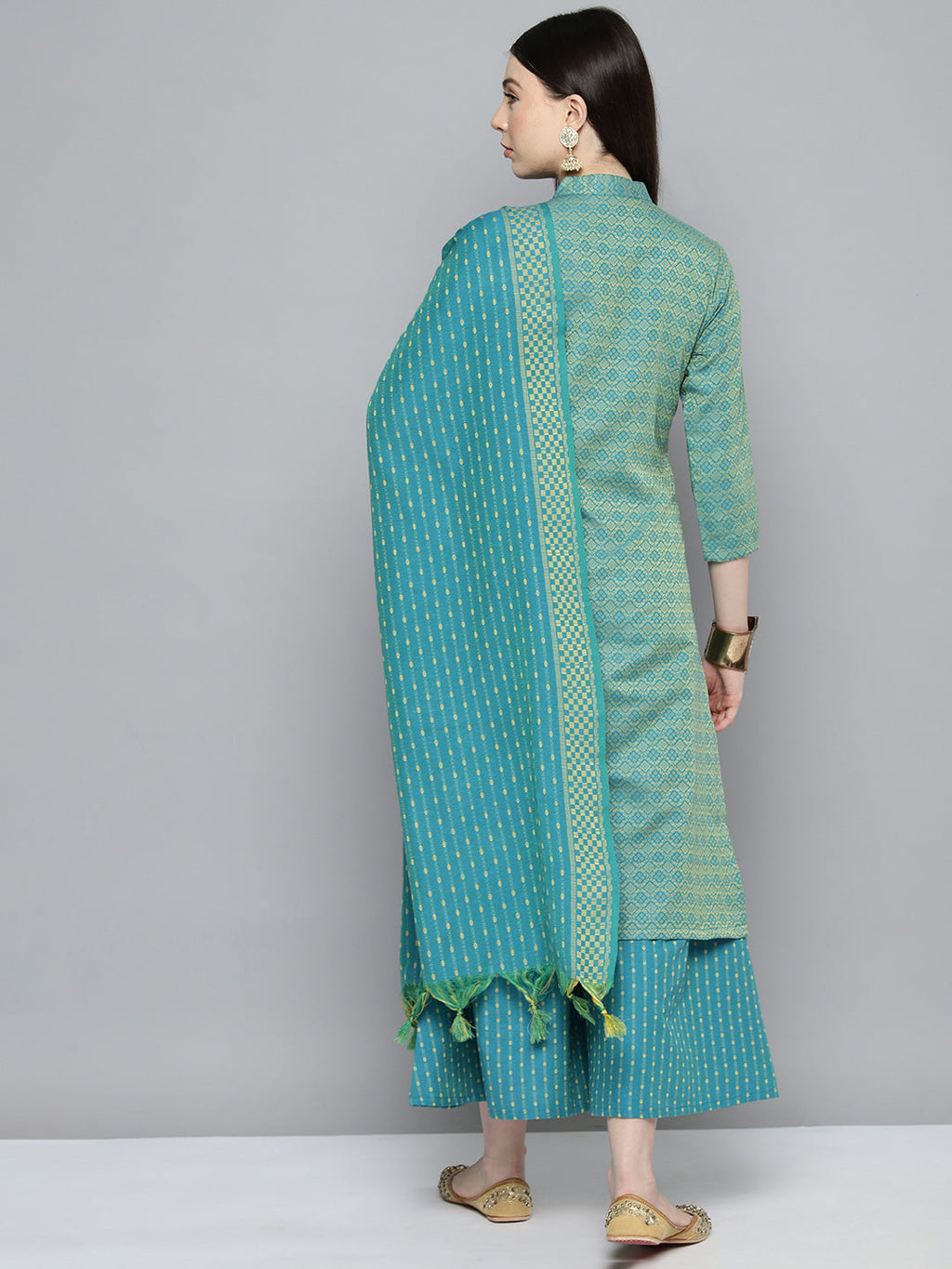 Jompers Women's Woven design kurta, palazzo and dupatta set - Firozi