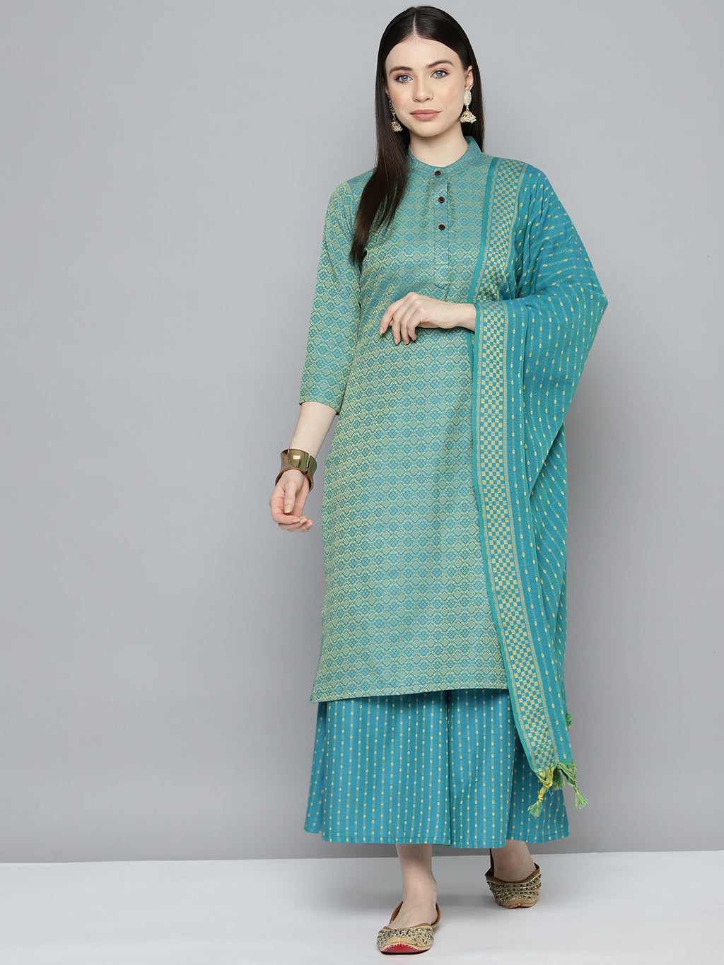 Jompers Women's Woven design kurta, palazzo and dupatta set - Firozi