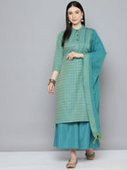 Jompers Women's Woven design kurta, palazzo and dupatta set - Firozi