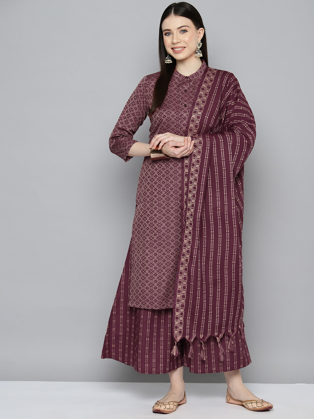 Jompers Women's Woven design kurta, palazzo and dupatta set - Purple
