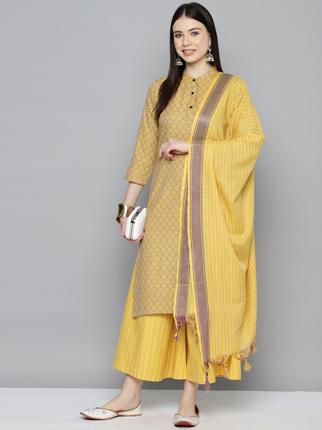 Jompers Women's Woven design kurta, palazzo and dupatta set - Yellow