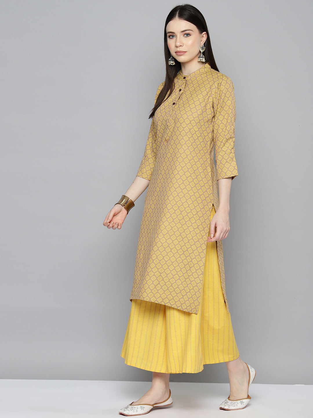 Jompers Women's Woven design kurta, palazzo and dupatta set - Yellow