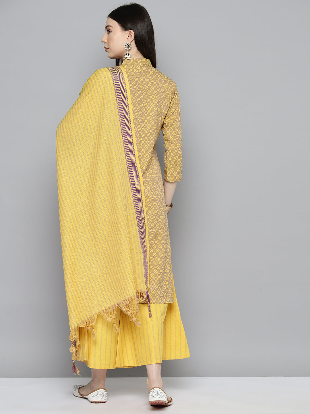 Jompers Women's Woven design kurta, palazzo and dupatta set - Yellow