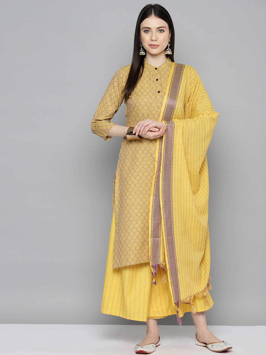 Jompers Women's Woven design kurta, palazzo and dupatta set - Yellow