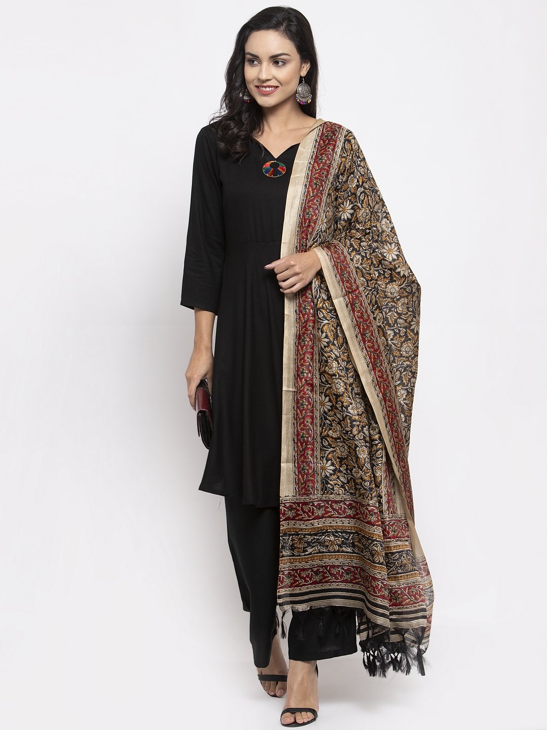 Jompers Women Black & Red Solid Kurta with Palazzos & Printed Dupatta - Distacart