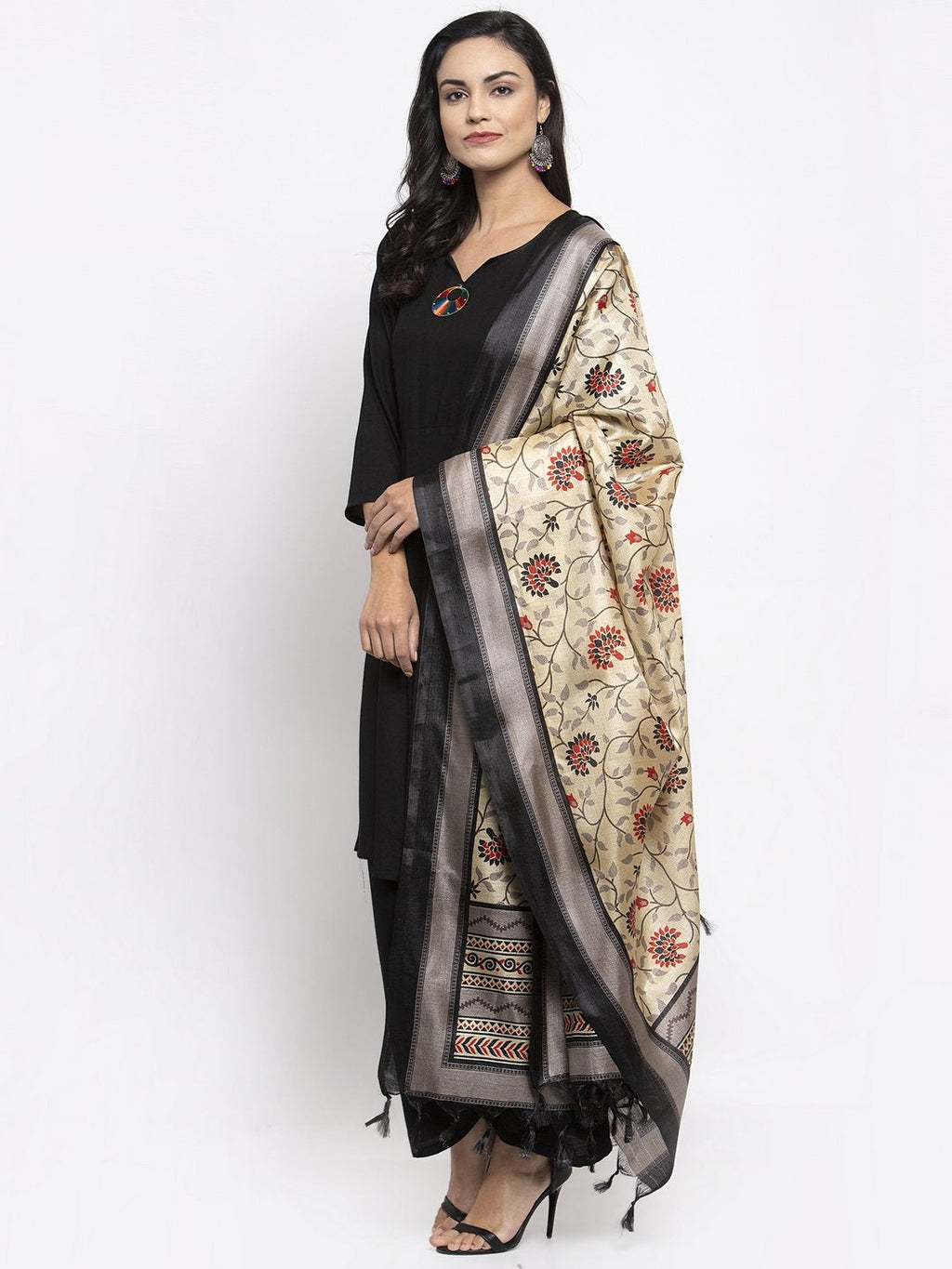Jompers Women Black & Red Solid Kurta with Palazzos & Beige-Red Printed Dupatta - Distacart