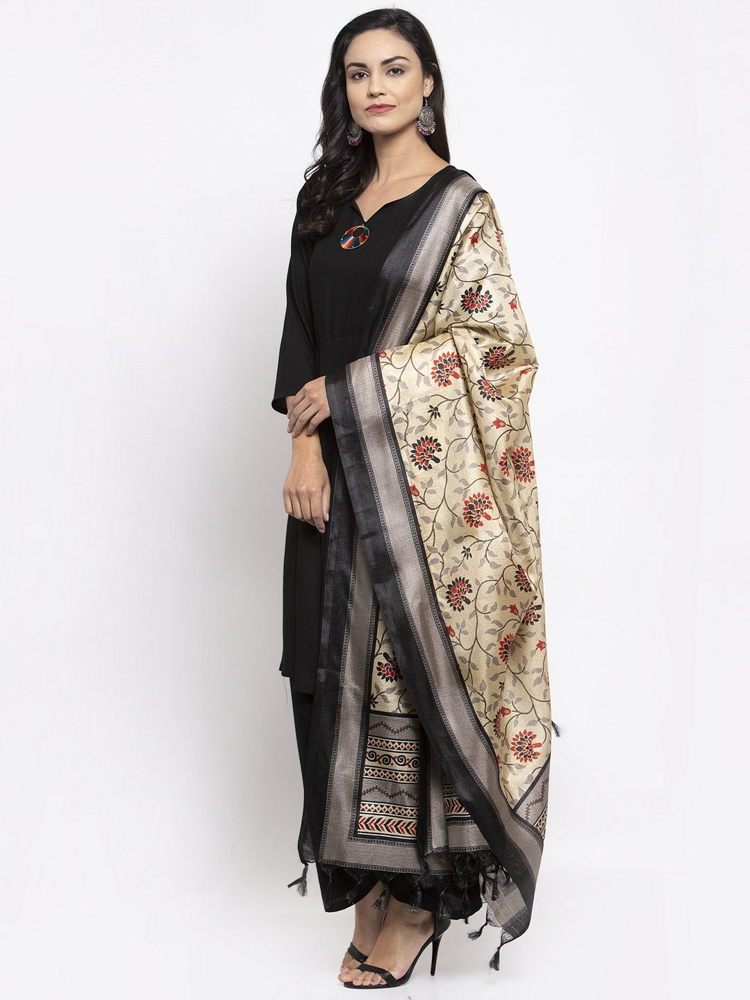 Jompers Women Black & Red Solid Kurta with Palazzos & Beige-Red Printed Dupatta - Distacart