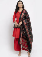 Jompers Women Red Solid Kurta with Palazzos & Red-Black Printed Dupatta - Distacart