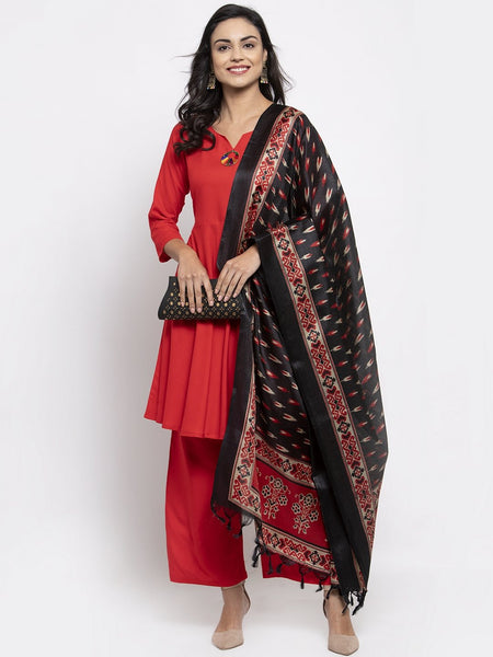 Jompers Women Red Solid Kurta with Palazzos & Red-Black Printed Dupatta