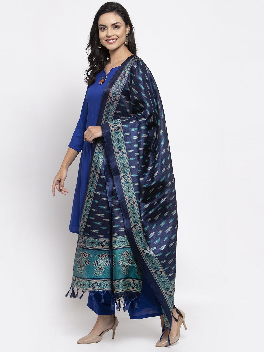 Jompers Women Royal-Blue Solid Kurta with Palazzos & Blue Art-Silk Printed Dupatta - Distacart