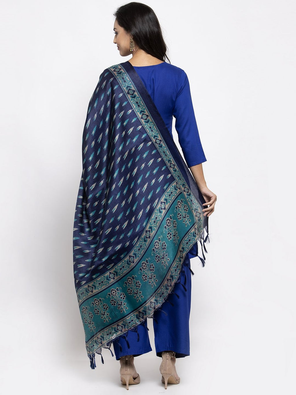 Jompers Women Royal-Blue Solid Kurta with Palazzos & Blue Art-Silk Printed Dupatta - Distacart