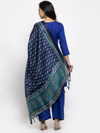 Jompers Women Royal-Blue Solid Kurta with Palazzos & Blue Art-Silk Printed Dupatta - Distacart