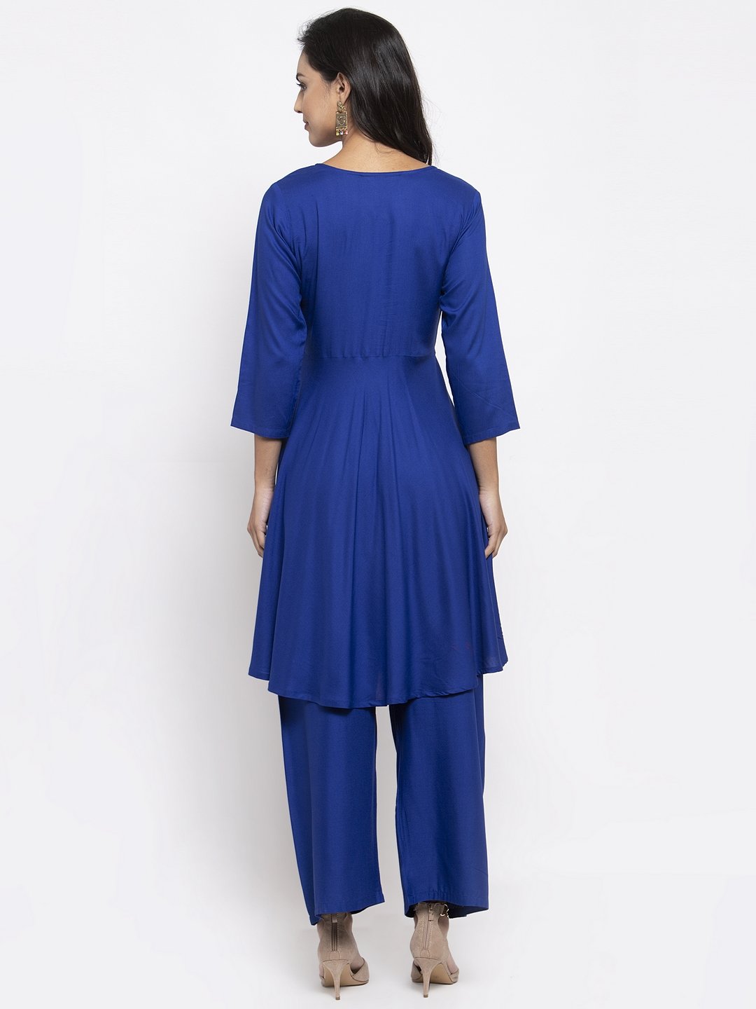 Jompers Women Royal-Blue Solid Kurta with Palazzos & Blue Art-Silk Printed Dupatta - Distacart