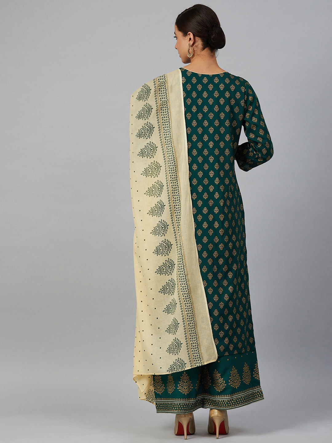 Jompers Women Green & Golden Printed Kurta with Palazzos & Dupatta - Distacart