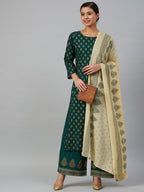 Jompers Women Green & Golden Printed Kurta with Palazzos & Dupatta - Distacart