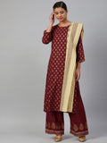 Jompers Women Maroon & Golden Printed Kurta with Palazzos & Dupatta - Distacart