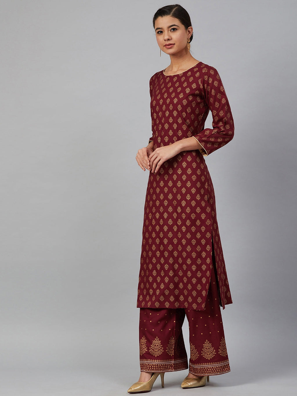 Jompers Women Maroon & Golden Printed Kurta with Palazzos & Dupatta - Distacart