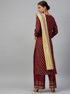 Jompers Women Maroon & Golden Printed Kurta with Palazzos & Dupatta - Distacart