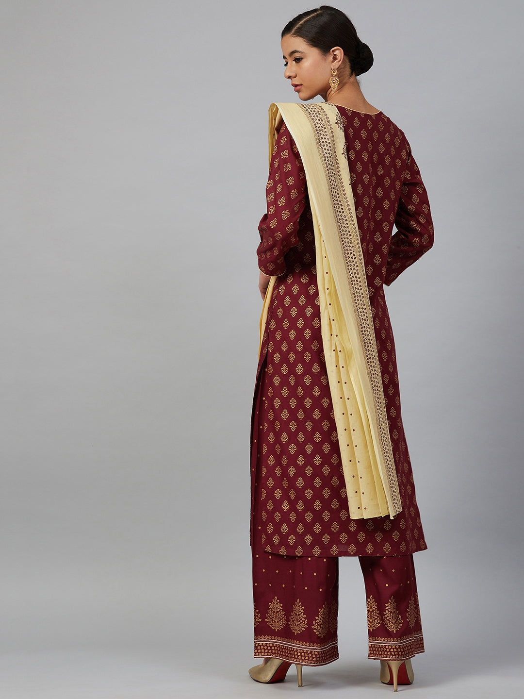 Jompers Women Maroon & Golden Printed Kurta with Palazzos & Dupatta - Distacart