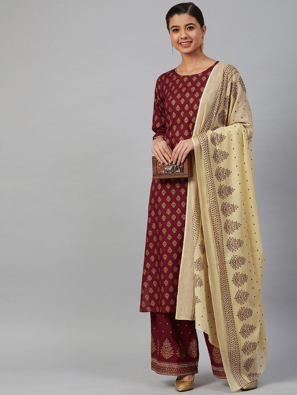 Jompers Women Maroon & Golden Printed Kurta with Palazzos & Dupatta - Distacart