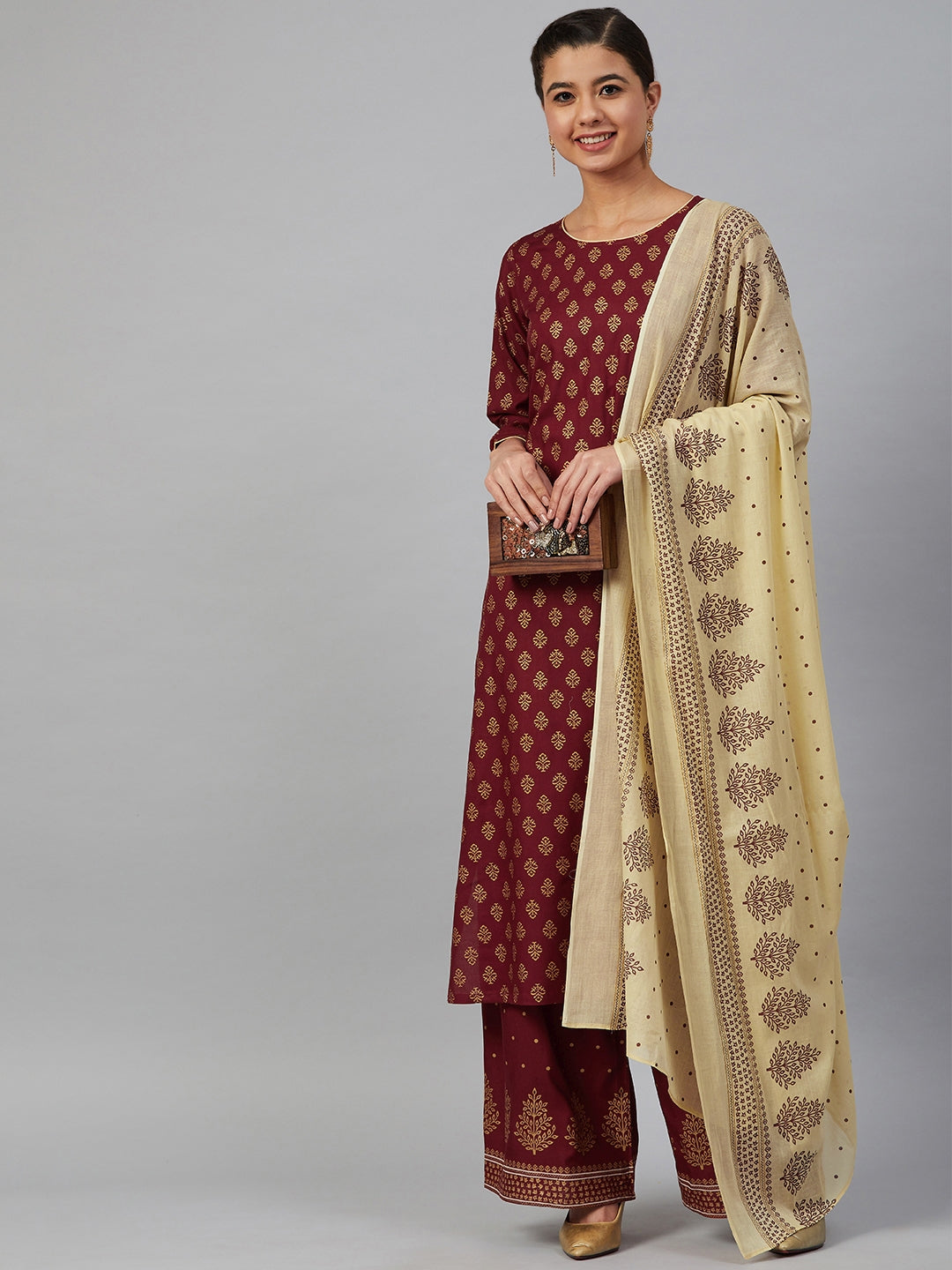 Jompers Women Maroon & Golden Printed Kurta with Palazzos & Dupatta - Distacart