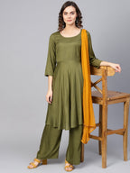Jompers Women Olive Green Solid Kurta with Palazzos & Dupatta - Distacart