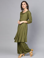Jompers Women Olive Green Solid Kurta with Palazzos & Dupatta - Distacart