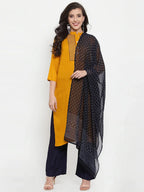 Jompers Women's Mustard Yellow & Navy Blue Embroidered Kurta with Palazzos & Dupatta