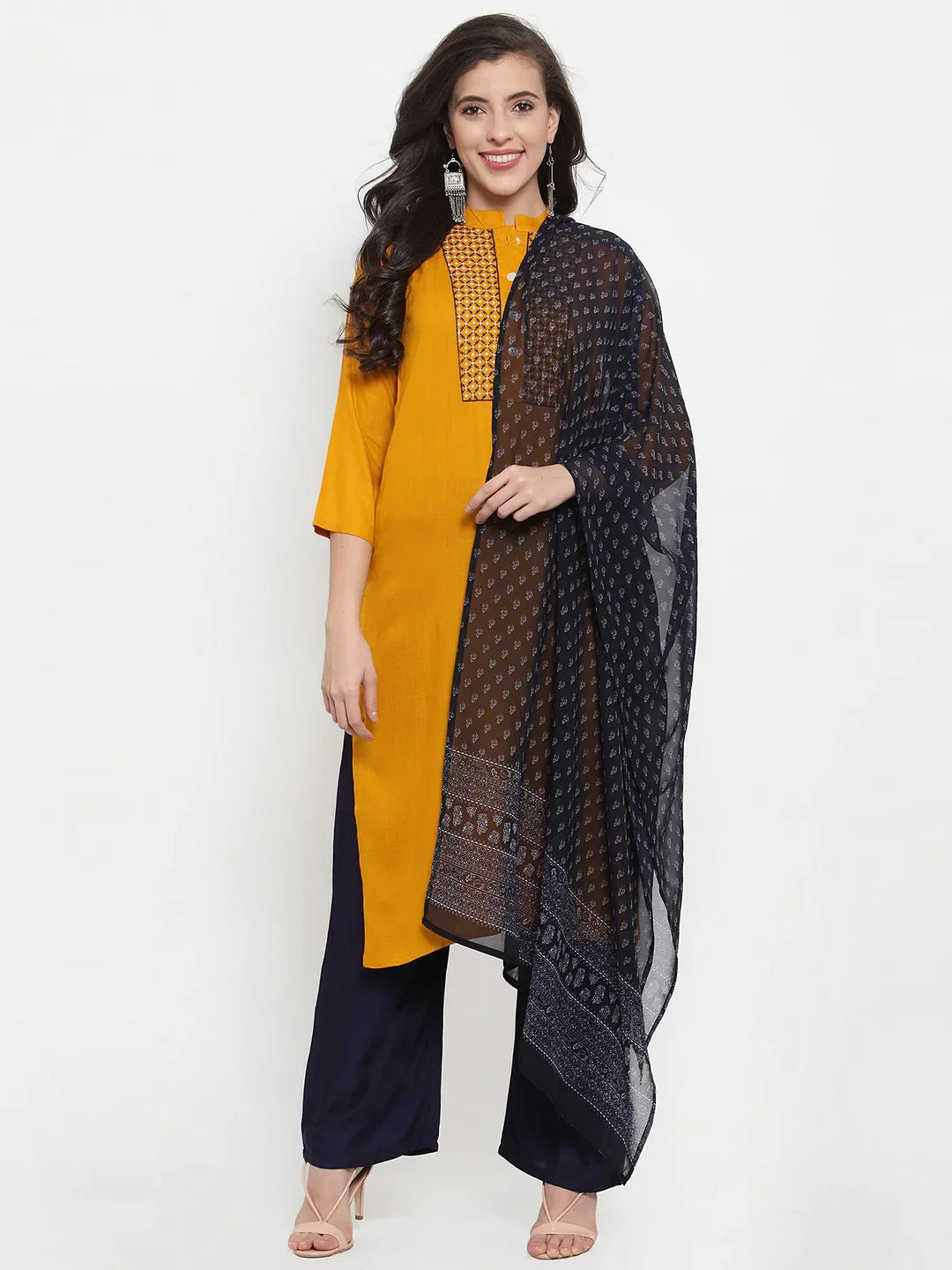 Jompers Women's Mustard Yellow & Navy Blue Embroidered Kurta with Palazzos & Dupatta
