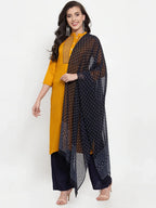 Jompers Women's Mustard Yellow & Navy Blue Embroidered Kurta with Palazzos & Dupatta